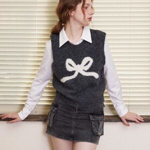 Gray Sweater Vest with White Bow Design